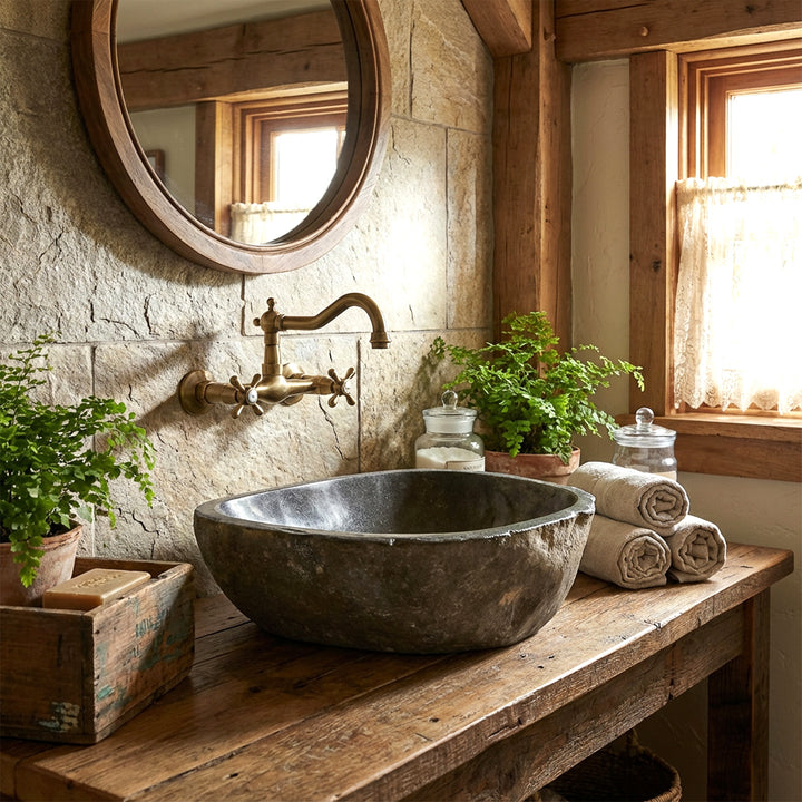 pierre de rivièreLavabo dans la salle de bain rustique de la maison de campagne sur une console en bois, combinée à une applique murale en laiton et à la lumière naturelle