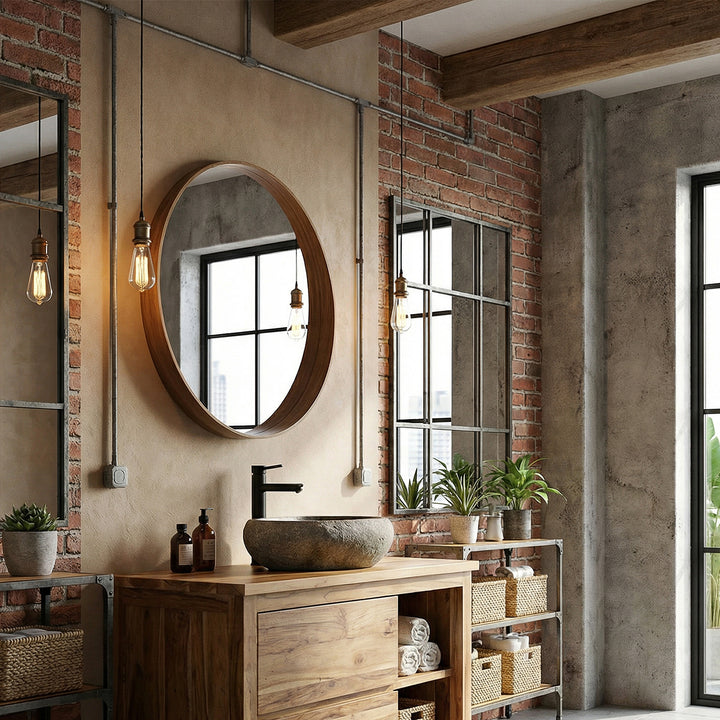 pierreLavabo dans une salle de bain loft moderne sur un lavabo en bois, associée à des accessoires noirs et une ambiance industrielle