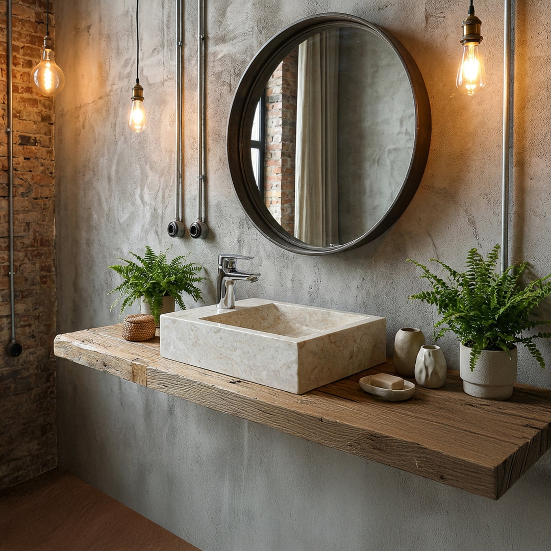 Vasque à poser rectangulaire en marbre clair sur console flottante en bois avec ferrures chromées dans la salle de bain industrielle