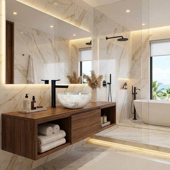 Lavabo rond en pierre claire sur meuble-lavabo flottant en bois avec robinet noir dans la salle de bains spa moderne