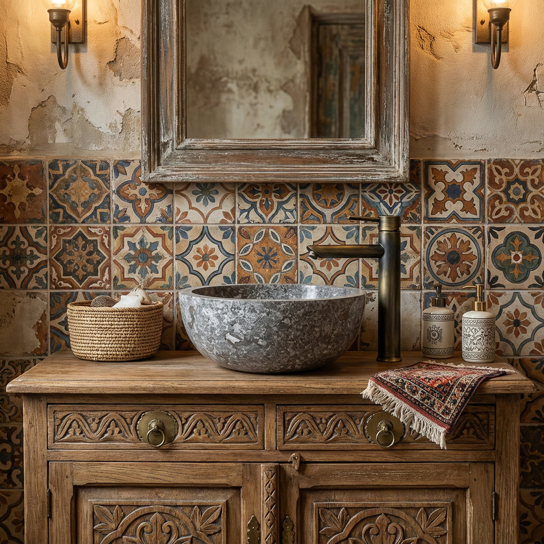 Lavabo rond en pierre naturelle sur un lavabo en bois avec carrelage à motifs dans une ambiance de salle de bain orientale-rustique