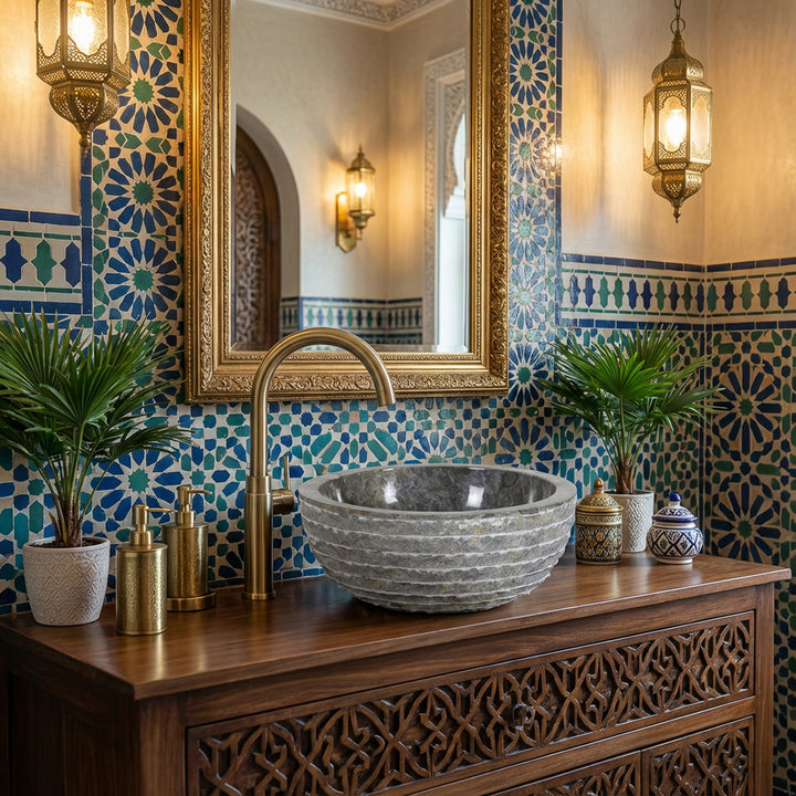 Lavabo rond à poser en pierre naturelle sur meuble sous-vasque en bois, salle de bains marocaine avec carreaux de mosaïque et raccords en laiton