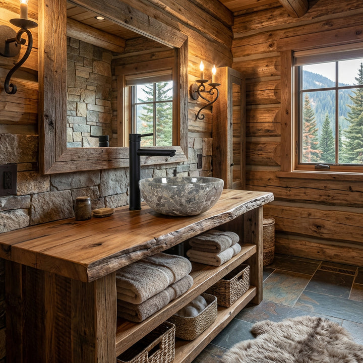 Lavabo rond à poser en pierre naturelle avec grain gris-brun sur un lavabo en bois massif dans la salle de bain rustique du chalet, combiné avec des raccords noirs, un mur en pierre naturelle et une lumière chaude