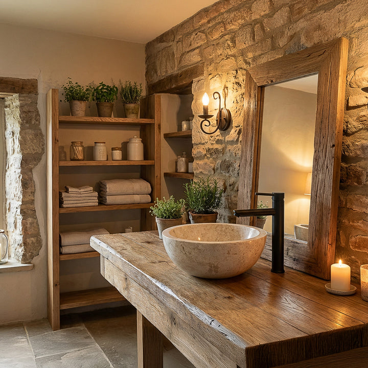 Lavabo rond à poser en pierre claire sur une table rustique en bois avec raccords noirs dans une salle de bains chaleureuse de maison de campagne