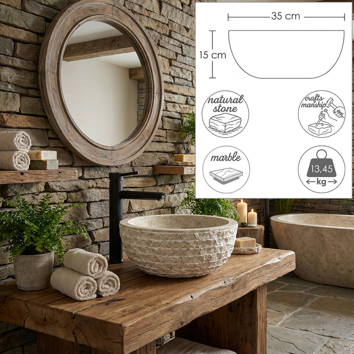 Lavabo à poser rond en pierre naturelle avec surface texturée, présenté sur un lavabo en bois avec graphiques dimensionnels (35 cm, 15 cm, 13,45 kg)