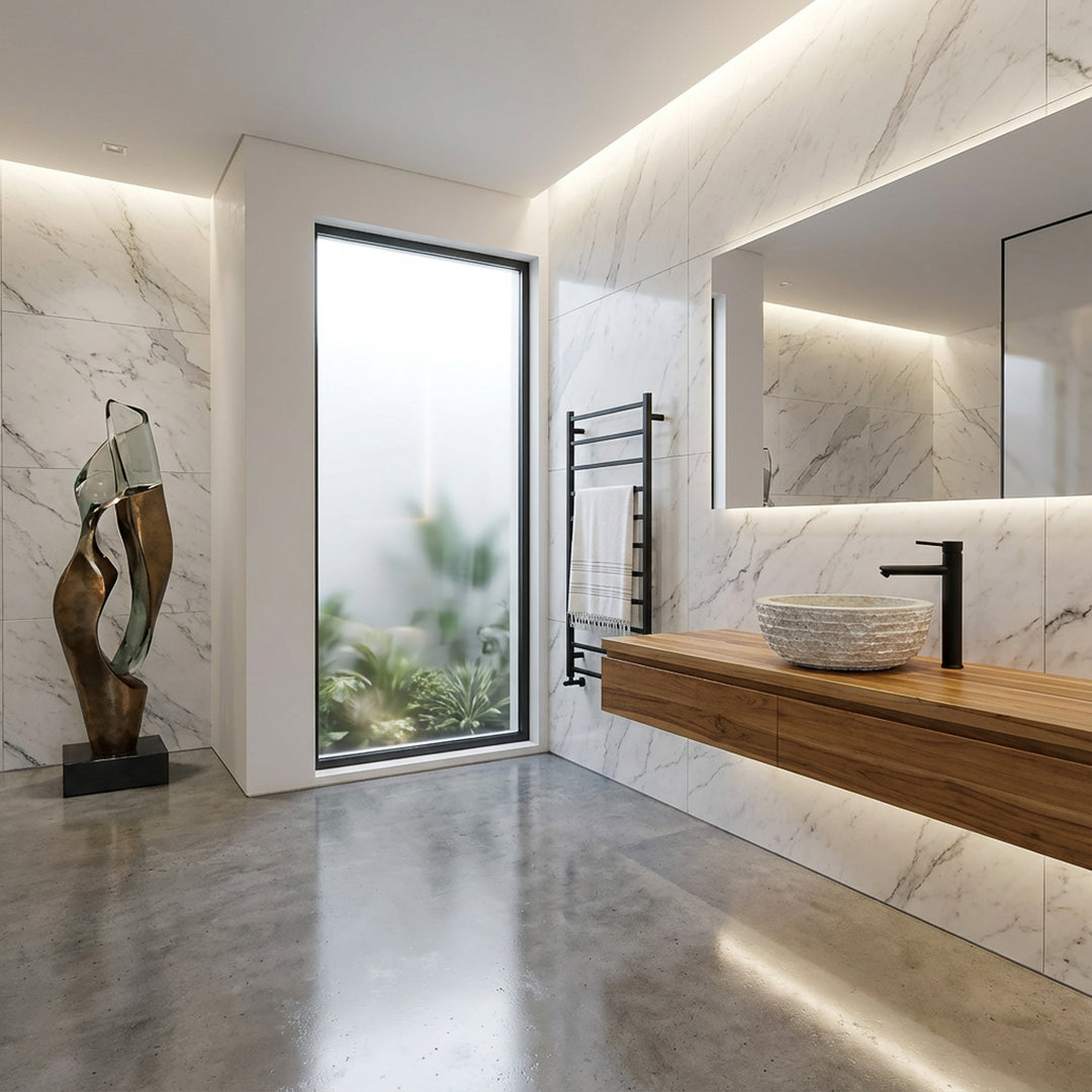 Lavabo en pierre moderne comme lavabo à poser sur un lavabo flottant en bois dans une salle de bains lumineuse avec carrelage en pierre naturelle