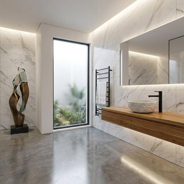 Lavabo en pierre moderne comme lavabo à poser sur un lavabo flottant en bois dans une salle de bains lumineuse avec carrelage en pierre naturelle