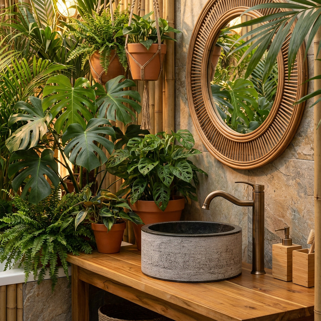 Lavabo rond en pierre sur console en bois entouré de plantes luxuriantes et de détails en bambou dans une ambiance naturelle de salle de bains spa.