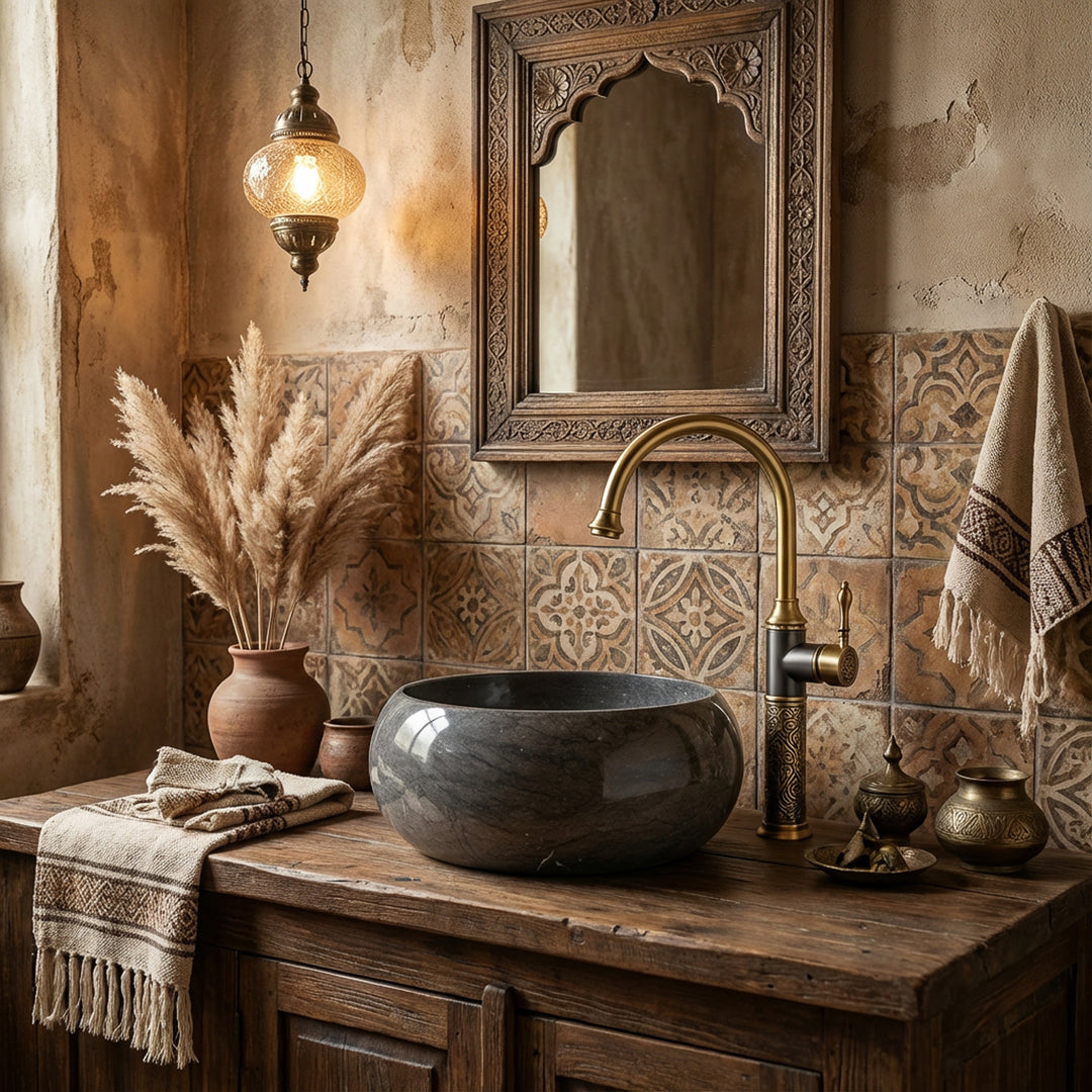 Lavabo rond à poser en pierre naturelle sur un lavabo en bois rustique dans une salle de bains orientale avec raccord en laiton et carrelage à motifs