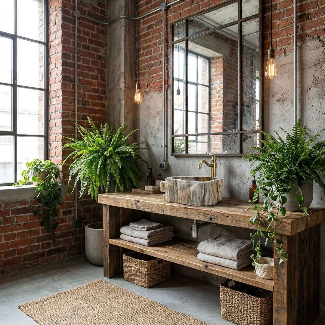 Lavabo en pierre comme vasque à poser sur une console rustique en bois, salle de bain industrielle avec mur de briques, plantes et lumière chaude.