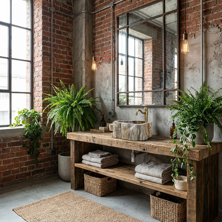Lavabo en pierre comme vasque à poser sur une console rustique en bois, salle de bain industrielle avec mur de briques, plantes et lumière chaude.