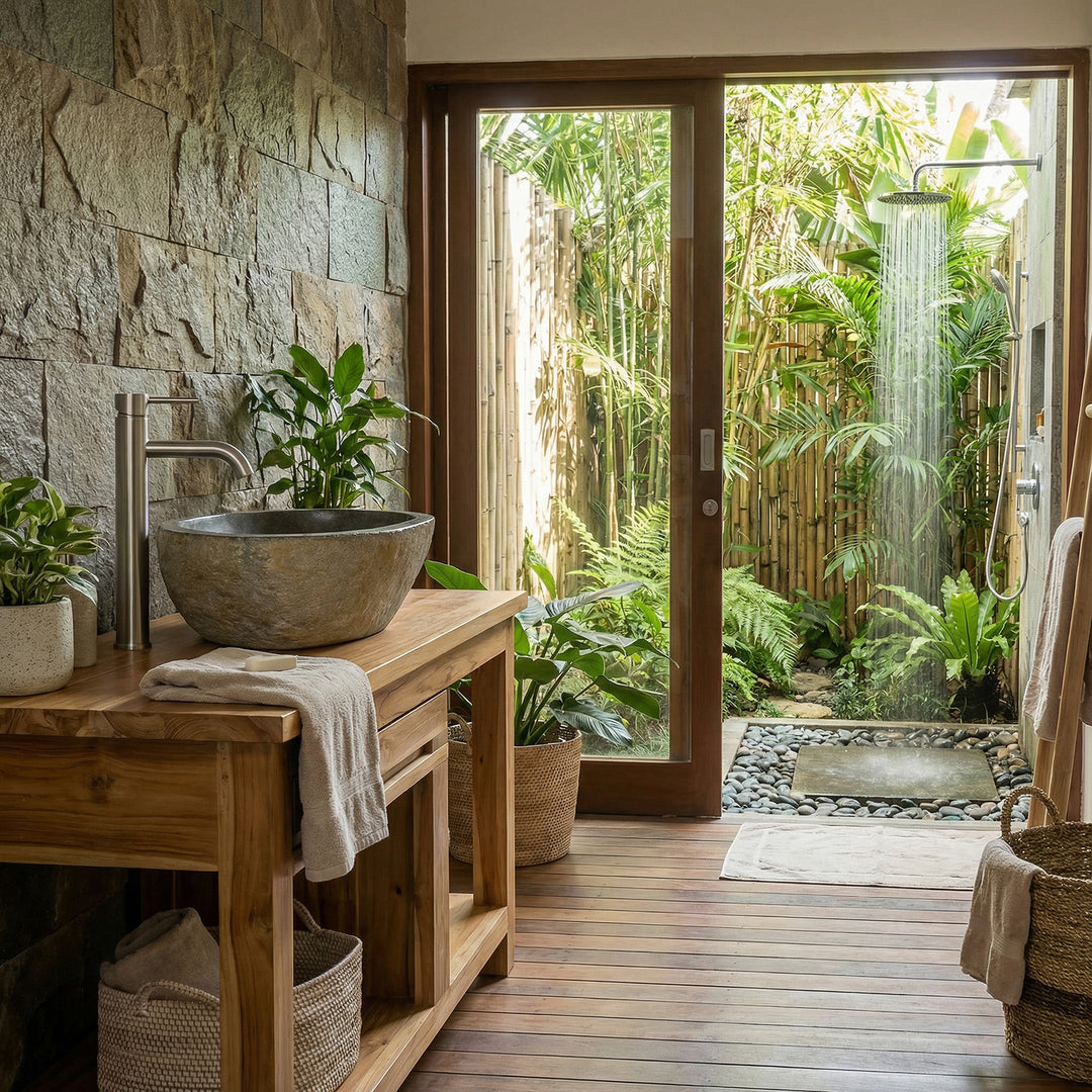 Lavabo en pierre dans la salle de bain spa ouverte sur meuble vasque en bois, avec mur en pierre naturelle, plantes et vue sur le jardin