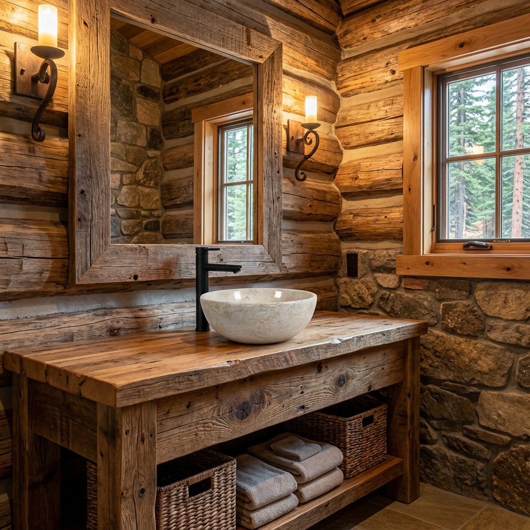 Vasque à poser ronde en pierre claire sur vasque rustique en bois avec robinetterie noire dans une ambiance salle de bain chalet
