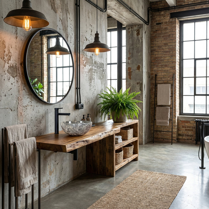 Vasque ronde en marbre avec grain gris sur meuble sous-vasque en bois dans une salle de bains loft industriel, combinée avec un robinet noir, des murs en briques, des lampes suspendues et beaucoup de lumière naturelle