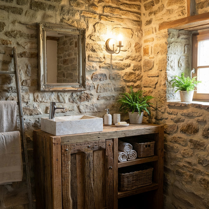 Angulaire Lavabo en pierre naturelle claire sur un lavabo en bois rustique dans une maison de campagne en pierre salle de bains avec lumière de fenêtre