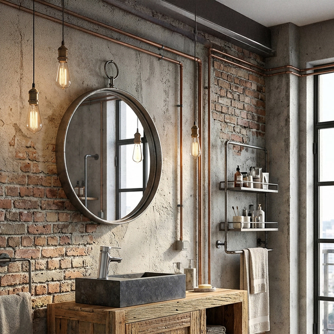 Angulaire Lavabo fait de pierre sur une vanité en bois dans une salle de bains loft industriel, combiné avec des raccords chromés, un mur de briques, des tuyaux en cuivre visibles et une lumière chaude