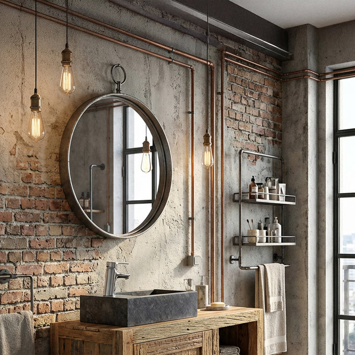 Angulaire Lavabo fait de pierre sur une vanité en bois dans une salle de bains loft industriel, combiné avec des raccords chromés, un mur de briques, des tuyaux en cuivre visibles et une lumière chaude