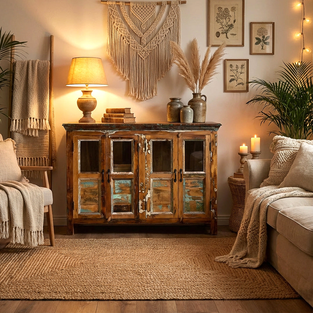 Sideboard aus Massivholz mit Glastüren im Boho-Wohnzimmer als dekorativer Stauraum